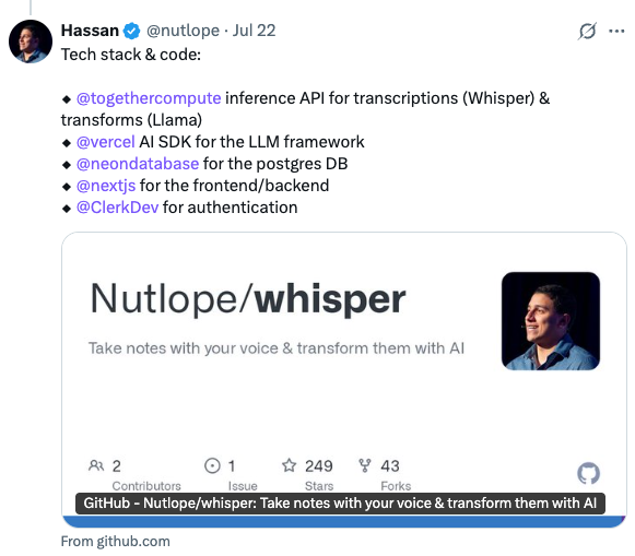 Hassan shares his open source template and shows the tech stack on X