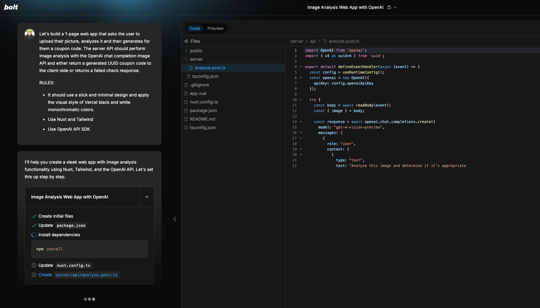 scaffold the app with bolt GenAI tool